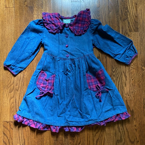 kate greenaway Other - Vintage Kate Greenaway Girl’s Size 5 Denim Plaid Flannel Dress Collar USA Cotton